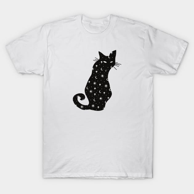 Black Cat Silhouette with moon, sun and stars T-Shirt by From Mars